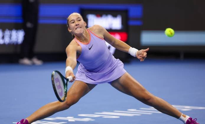 BEIJING, CHINA - OCTOBER 04: Mirra Andreeva of Russia competes in the Women s Singles Quarterfinal match against Zheng Qinwen of China on day twelve of 2024 China Open at National Tennis Center on October 4, 2024 in Beijing, China.  Copyright: xVCGx 111521895562