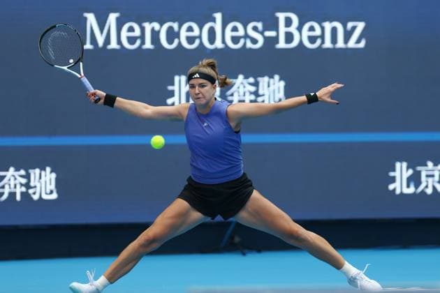 BEIJING, CHINA - OCTOBER 04: Karolina Muchova of Czech Republic competes in the Women s Singles Quarterfinal match against Aryna Sabalenka of Belarus on day twelve of 2024 China Open at National Tennis Center on October 4, 2024 in Beijing, China.  Copyright: xVCGx 111521884956