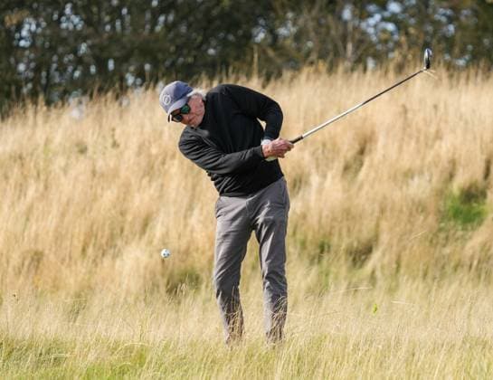 Michael Douglas plays from the rough on the 1st hole. Alfred Dunhill Links Championship 2024, Day Two, Golf, Kingsbarns, Scotland, UK - 04 Oct 2024  Copyright: xStuartxWallace Shutterstockx 14751991v