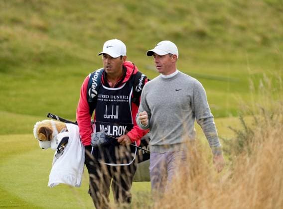 Rory McIlroy walks towards the 3rd tee with his caddie Harry Diamond. Alfred Dunhill Links Championship 2024, Day Two, Golf, Kingsbarns, Scotland, UK - 04 Oct 2024  Copyright: xStuartxWallace Shutterstockx 14751991ay