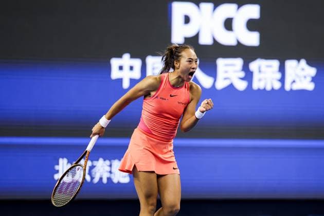 BEIJING, CHINA - OCTOBER 04: Zheng Qinwen of China reacts in the Women s Singles Quarterfinal match against Mirra Andreeva of Russia on day twelve of 2024 China Open at National Tennis Center on October 4, 2024 in Beijing, China.  Copyright: xVCGx 111521913781