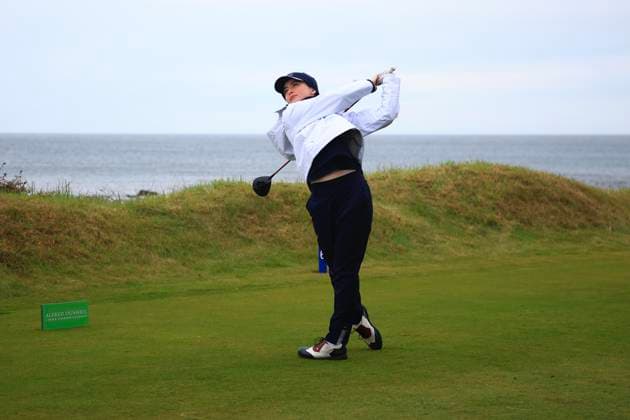 4th October 2024; Kingsbarns, Fife, Scotland; Alfred Dunhill Links Golf Championship, Round 2; Actress Kathryn Newton tees off on the sixteenth hole on Kingsbarns Golf Links, during the second round of the Dunhill Links Championship  ActionPlus12699742 DavidxYoung
