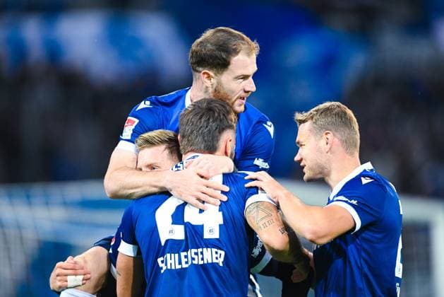 Budu Zivzivadze Karlsruher SC , Lasse Guenther Karlsruher SC , Dzenis Burnic Karlsruher SC and Fabian Schleusener Karlsruher SC celebrate scoring the first goal by their team, 2 Bundesliga, Karlsruher SC vs SV Darmstadt 98, BBBank Wildpark on October 04, 2024 in Karlsruhe, Germany Photo by Silas Schueller DeFodi Images Budu Zivzivadze Karlsruher SC , Lasse Guenther Karlsruher SC , Dzenis Burnic Karlsruher SC and Fabian Schleusener Karlsruher SC celebrate scoring the the first goal by their team, 2 Bundesliga, Karlsruher SC vs SV Darmstadt 98, BBBank Wildpark on October 4, 2024 in Karlsruhe, Germany Photo by Silas Schueller DeFodi Images Defodi 738 738 KSCSVD 20241004 335 Defodi-738