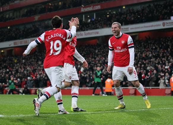 Archivbilder der Woche SPORT KW40 Soccer 2013: Arsenal v West Ham United JAN 23 Jan. 23, 2013 - London, United Kingdom - Arsenal s Lukas Podolski celebrates setting up his sides third goal..Arsenal v West Ham United - Barclays Premier League - the Emirates Stadium, London- 23 01 13 - Picture David Klein Sportimage London United Kingdom EDITORIAL USE ONLY Copyright: xx ZUMA-20130123_zaf_si1_026.jpg DavidxKleinx csmphoto708302