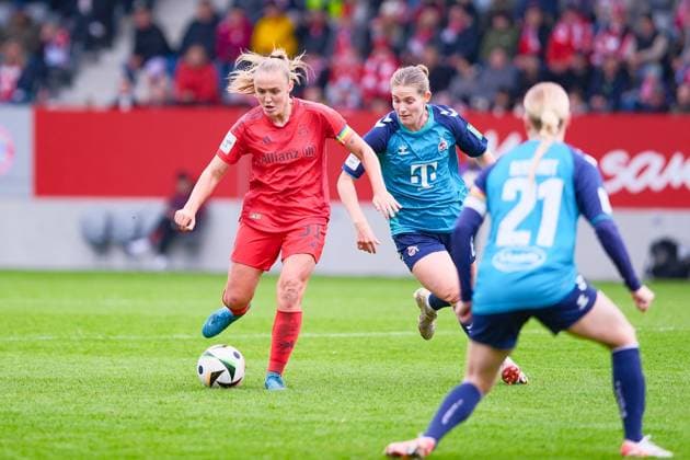 Georgia Stanway 31, FC Bayern Munich and Ziemer Taylor 18, 1 FC Cologne at the match FC Bayern Munich v 1 FC Cologne, Football, Google Pixel Womens Bundesliga 2024 2025, 5 Matchday on 05 10 2024 in Munich, FC Bayern Campus DFL and DFB regulations prohibit any use of photographs as image sequences and or quasi video Bayern Germany