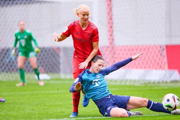 Pernille Harder 21, FC Bayern Munich and Agrez Sara 4, 1 FC Cologne at the match FC Bayern Munich v 1 FC Cologne, Football, Google Pixel Womens Bundesliga 2024 2025, 5 Matchday on 05 10 2024 in Munich, FC Bayern Campus DFL and DFB regulations prohibit any use of photographs as image sequences and or quasi video Bayern Germany