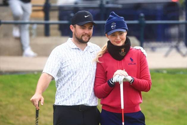 5th October 2024; The Old Course at St Andrews, Fife, Scotland; Alfred Dunhill Links Golf Championship, Round 3; Alex Fitzpatrick of England and amateur partner actress Kathryn Newton on the first tee of the Old Course, St Andrews, during the third round of the Dunhill Links Championship  ActionPlus12700120 DavidxYoung
