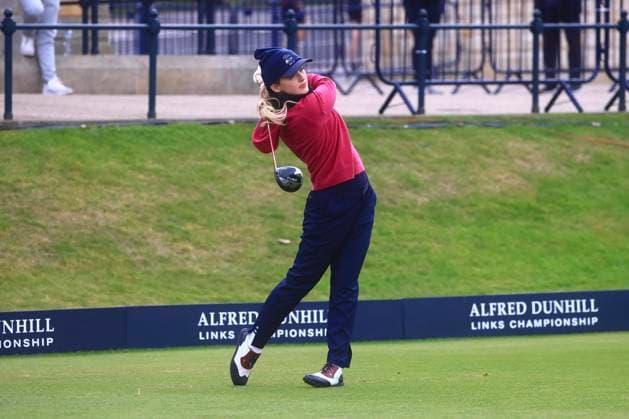 5th October 2024; The Old Course at St Andrews, Fife, Scotland; Alfred Dunhill Links Golf Championship, Round 3; Actress Kathryn Newton tees off on the first hole of the Old Course, St Andrews, during the third round of the Dunhill Links Championship  ActionPlus12700123 DavidxYoung