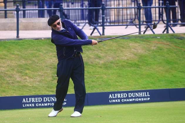 5th October 2024; The Old Course at St Andrews, Fife, Scotland; Alfred Dunhill Links Golf Championship, Round 3; Actor Andy Garcia tees off on the first hole of the Old Course, St Andrews, during the third round of the Dunhill Links Championship  ActionPlus12700124 DavidxYoung