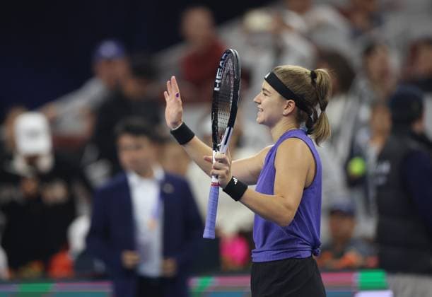 (241005) -- BEIJING, Oct. 5, 2024 -- Karolina Muchova celebrates after winning the women s singles semifinal match between Zheng Qinwen of China and Karolina Muchova of the Czech Republic at 2024 China Open tennis tournament in Beijing, capital of China, Oct. 5, 2024. ) (SP)CHINA-BEIJING-TENNIS-CHINA OPEN-WOMEN S SINGLES(CN) BaixXuefei 