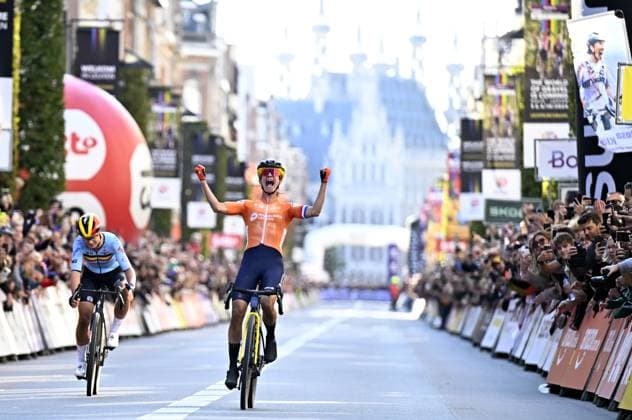 Dutch Marianne Vos wins ahead of Belgian Lotte Kopecky in the women elite race at the UCI World Gravel Championships, Saturday 05 October 2024, in Leuven. JASPERxJACOBS  x101960184x