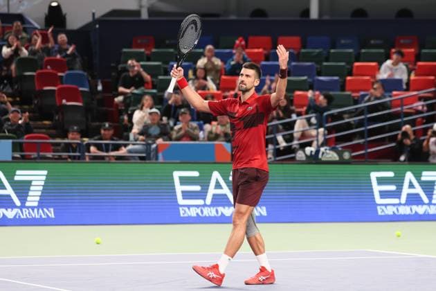 (241005) -- SHANGHAI, Oct. 5, 2024 -- Novak Djokovic celebrates winning the men s singles round of 64 match between Alex Michelsen of the United States and Novak Djokovic of Serbia at the ATP, Tennis Herren World Tour Shanghai Masters tennis tournament in Shanghai, east China, Oct. 5, 2024. ) (SP)CHINA-SHANGHAI-TENNIS-ATP TOUR-SHANGHAI MASTERS(CN) WangxXiang 