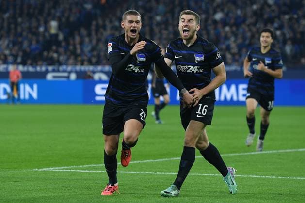 Soccer 2 Bundesliga 8 Matchday FC Schalke 04 Hertha BSC Berlin on 05 10 2024 at the Veltins Arena in Gelsenkirchen Goal celebration to 0 1 by Michael Cuisance Berlin DFL regulations prohibit any use of photographs as image sequences and or quasi video xRx