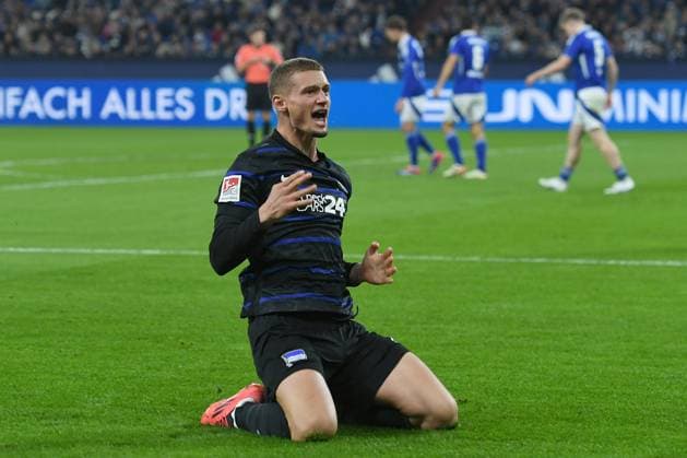 Soccer 2 Bundesliga 8 Matchday FC Schalke 04 Hertha BSC Berlin on 05 10 2024 at the Veltins Arena in Gelsenkirchen Goal celebration to 0 1 by Michael Cuisance Berlin DFL regulations prohibit any use of photographs as image sequences and or quasi video xRx