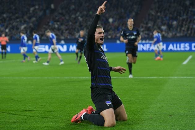Soccer 2 Bundesliga 8 Matchday FC Schalke 04 Hertha BSC Berlin on 05 10 2024 at the Veltins Arena in Gelsenkirchen Goal celebration to 0 1 by Michael Cuisance Berlin DFL regulations prohibit any use of photographs as image sequences and or quasi video xRx