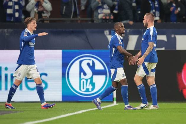 The players of FC Schalke 04 are happy about the goal to 1 1 by Kenan Karaman FC Schalke 04 during the match of the 2 BL season 2024 25 FC Schalke 04 Hertha BSC Copyright Thomas Pakusch