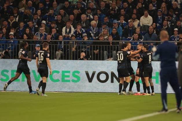 The Hertha BSC players celebrate the goal for 0 1 by Michael Cuisance Hertha BSC during the match of the 2 BL season 2024 25 FC Schalke 04 Hertha BSC Copyright Thomas Pakusch