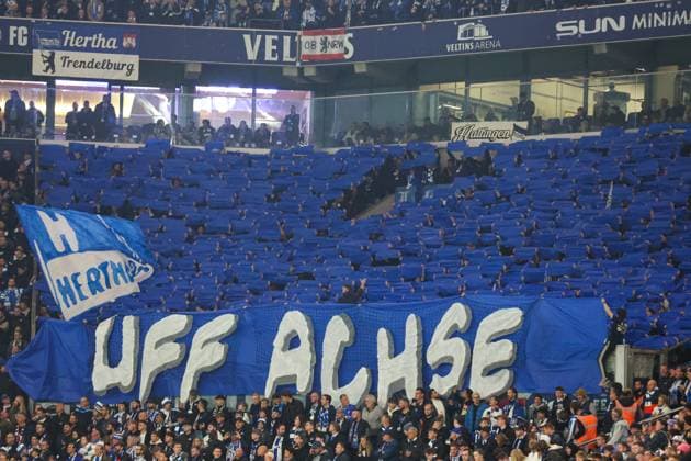 2 Bundesliga FC Schalke 04 Hertha BSC Berlin on 05 10 2024 in the Veltins Arena on Schalke The Hertha fans from Berlin with a choreography in the guest block MH