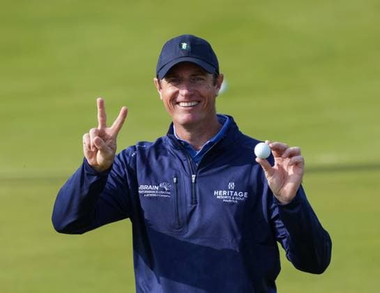 Nicolas Colsaerts celebrates after holing his 2nd shot on the par 5 16th hole for an albatross. Alfred Dunhill Links Championship 2024, Day Three, Golf, Kingsbarn, Scotland, UK - 05 Oct 2024  Copyright: xStuartxWallace Shutterstockx 14760092af