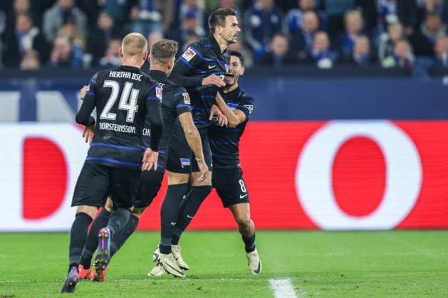 Soccer 2 Bundesliga 8 Matchday FC Schalke 04 Hertha BSC Berlin on 05 10 2024 at the Veltins Arena in Gelsenkirchen Goal celebration for 2 2 by Smail Prevljak Berlin DFL regulations prohibit any use of photographs as image sequences and or quasi video xJRx