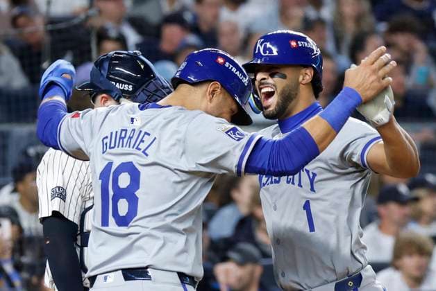 Kansas City Royals MJ. Melendez celebrates with Yuli Gurriel after hitting a 2-run home run in the 4th inning against the New York Yankees in game one of the ALDS at Yankee Stadium on Saturday, October 5, 2024 in New York City.  NYP20241005112 JOHNxANGELILLO