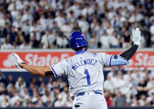 Kansas City Royals MJ. Melendez hits a 2-run home run in the 4th inning against the New York Yankees in game one of the ALDS at Yankee Stadium on Saturday, October 5, 2024 in New York City.  NYP20241005113 JOHNxANGELILLO