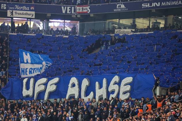 2 Bundesliga FC Schalke 04 Hertha BSC Berlin on 05 10 2024 in the Veltins Arena on Schalke The Hertha fans from Berlin with a choreography in the guest block MH
