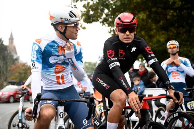 Paris-Tours cycling race 2024 TOURS, FRANCE - OCTOBER 06 : Naberman Tim (NED) of Team dsm-firmenich PostNL and Mayrhofer Marius (GER) of Tudor Pro Cycling Team during the UCI Pro Series Paris-Tours cycling race with start in Chartres and finish in Tours (214km) on October 6, 2024 in Tours, France, 06 10 2024 Tours France  Copyright: xPeterxDexVoechtx