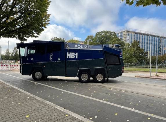 Football, Men, Season 2024 2025 2 BL, Eintracht Stadion, Eintracht Braunschweig vs Hannover 96, Lower Saxony derby Two water cannons are also ready DFL REGULATIONS PROHIBIT ANY USE OF PHOTOGRAPHS AS IMAGE SEQUENCES AND OR QUASI VIDEO