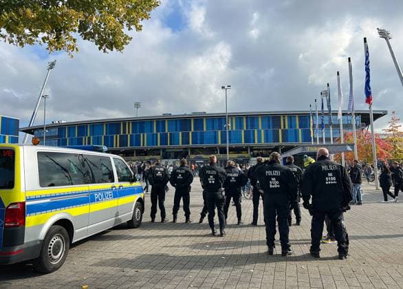 Football, Men, Season 2024 2025 2 BL, Eintracht Stadion, Eintracht Braunschweig vs Hannover 96, Lower Saxony derby Police in front of the main entrance of Eintracht Stadion DFL REGULATIONS PROHIBIT ANY USE OF PHOTOGRAPHS AS IMAGE SEQUENCES AND OR QUASI VIDEO