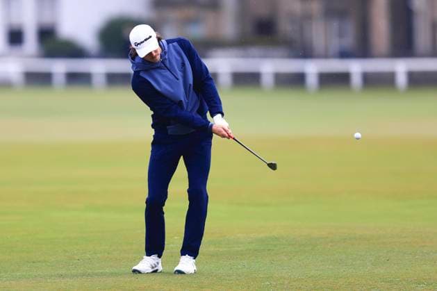6th October 2024; The Old Course at St Andrews, Fife, Scotland; Alfred Dunhill Links Golf Championship, Final Round; Welsh former footballer Gareth Bale chips to the first green after his second shot had found the water in the Swilken burn on the Old Course, St Andrews, during the final round of the Dunhill Links Championship  ActionPlus12700829 DavidxYoung