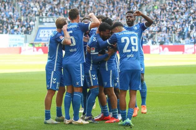 06 10 2024, xgox, Soccer 2 Bundesliga, 1 FC Magdeburg SpVgg Greuther Fuerth emspor, v l Magdeburg cheers after the 1 0 by Mohammed El Hankouri Magdeburg, 11 DFL DFB REGULATIONS PROHIBIT ANY USE OF PHOTOGRAPHS as IMAGE SEQUENCES and or QUASI VIDEO Magdeburg