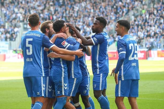 06 10 2024, xgox, Soccer 2 Bundesliga, 1 FC Magdeburg SpVgg Greuther Fuerth emspor, v l Magdeburg cheers after the 1 0 by Mohammed El Hankouri Magdeburg, 11 DFL DFB REGULATIONS PROHIBIT ANY USE OF PHOTOGRAPHS as IMAGE SEQUENCES and or QUASI VIDEO Magdeburg