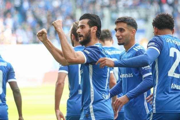 06 10 2024, xgox, Soccer 2 Bundesliga, 1 FC Magdeburg SpVgg Greuther Fuerth emspor, v l Magdeburg cheers after the 1 0 by Mohammed El Hankouri Magdeburg, 11 DFL DFB REGULATIONS PROHIBIT ANY USE OF PHOTOGRAPHS as IMAGE SEQUENCES and or QUASI VIDEO Magdeburg