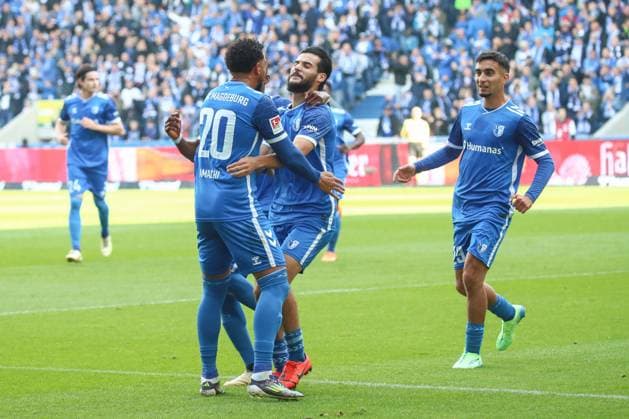 06 10 2024, xgox, Soccer 2 Bundesliga, 1 FC Magdeburg SpVgg Greuther Fuerth emspor, v l Magdeburg cheers after the 1 0 by Mohammed El Hankouri Magdeburg, 11 DFL DFB REGULATIONS PROHIBIT ANY USE OF PHOTOGRAPHS as IMAGE SEQUENCES and or QUASI VIDEO Magdeburg