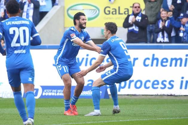 06 10 2024, xgox, Fussball 2 Bundesliga, 1 FC Magdeburg SpVgg Greuther Fuerth emspor, v l Mohammed El Hankouri Magdeburg, 11 and Martijn Kaars Magdeburg, 9 Jubel, Torjubel, jubelt über das Tor, celebrate the goal, celebration nach dem 2 0 DFL DFB REGULATIONS PROHIBIT ANY USE OF PHOTOGRAPHS as IMAGE SEQUENCES and or QUASI VIDEO Magdeburg