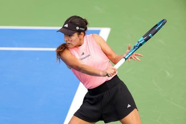 WUHAN, CHINA - OCTOBER 06: Camila Osorio of Colombia competes in the Women s Singles Qualifying second round match against Lucia Bronzetti of Italy on day two of 2024 Wuhan Open at Optics Valley International Tennis Center on October 6, 2024 in Wuhan, Hubei Province of China.  Copyright: xVCGx 111522192255
