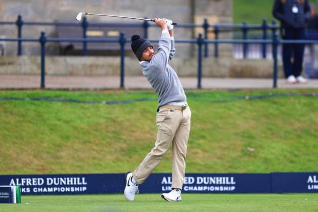 6th October 2024; The Old Course at St Andrews, Fife, Scotland; Alfred Dunhill Links Golf Championship, Final Round; Tom Vaillant of France tees off on the first hole of the Old Course, St Andrews, during the final round of the Dunhill Links Championship  ActionPlus12700922 DavidxYoung