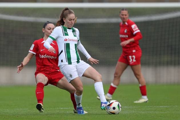 Michelle Blöchlinger SC Freiburg U20 and Suus van der Drift Borussia Mönchengladbach in a duel during the 2 Frauen Bundesliga match between Borussia Mönchengladbach and SC Freiburg, Grenzlandstadion on October 06, 2024 in Mönchengladbach, Germany Photo by Oliver Kaelke DeFodi Images Michelle Blöchlinger SC Freiburg U20 and Suus van der Drift Borussia Mönchengladbach battle for the ball during the 2 Frauen Bundesliga match between Borussia Mönchengladbach and SC Freiburg at Grenzlandstadium on October 6, 2024 in Mönchengladbach, Germany Photo by Oliver Kaelke DeFodi Images DFL regulations prohibit any use of photographs as image sequences and or quasi video Defodi 003 678 2024 10 06 OK BMGSCF 0051 Defodi-003 DFL regulations prohibit any use of photographs as image sequences and or quasi-video.