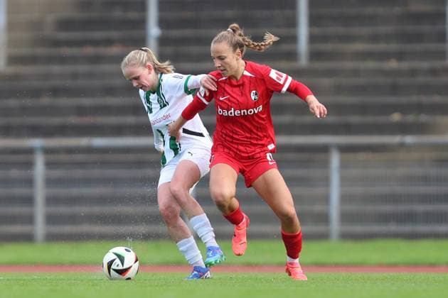 Mia Eickmann Borussia Mönchengladbach and Annalena Heck SC Freiburg U20 battle for the ball during the 2 Frauen Bundesliga match between Borussia Mönchengladbach and SC Freiburg, Grenzlandstadion on October 06, 2024 in Mönchengladbach, Germany Photo by Oliver Kaelke DeFodi Images Mia Eickmann Borussia Mönchengladbach and Annalena Heck SC Freiburg U20 battle for the ball during the 2 Frauen Bundesliga match between Borussia Mönchengladbach and SC Freiburg at Grenzlandstadium on October 6, 2024 in Mönchengladbach, Germany Photo by Oliver Kaelke DeFodi Images DFL regulations prohibit any use of photographs as image sequences and or quasi video Defodi 003 678 2024 10 06 OK BMGSCF 0129 Defodi-003 DFL regulations prohibit any use of photographs as image sequences and or quasi-video.