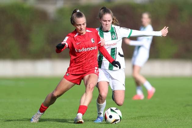 Nora Scherer SC Freiburg U20 and Suus van der Drift Borussia Mönchengladbach battle for the ball during the 2 Frauen Bundesliga match between Borussia Mönchengladbach and SC Freiburg, Grenzlandstadion on October 06, 2024 in Mönchengladbach, Germany Photo by Oliver Kaelke DeFodi Images Nora Scherer SC Freiburg U20 and Suus van der Drift Borussia Mönchengladbach battle for the ball during the 2 Frauen Bundesliga match between Borussia Mönchengladbach and SC Freiburg at Grenzlandstadium on October 6, 2024 in Mönchengladbach, Germany Photo by Oliver Kaelke DeFodi Images DFL regulations prohibit any use of photographs as image sequences and or quasi video Defodi 003 678 2024 10 06 OK BMGSCF 0585 Defodi-003 DFL regulations prohibit any use of photographs as image sequences and or quasi-video.