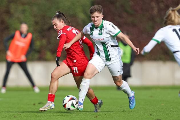 Nora Scherer SC Freiburg U20 and Paula Klensmann Borussia Mönchengladbach battle for the ball during the 2 Frauen Bundesliga match between Borussia Mönchengladbach and SC Freiburg, Grenzlandstadion on October 06, 2024 in Mönchengladbach, Germany Photo by Oliver Kaelke DeFodi Images Nora Scherer SC Freiburg U20 and Paula Klensmann Borussia Mönchengladbach battle for the ball during the 2 Frauen Bundesliga match between Borussia Mönchengladbach and SC Freiburg at Grenzlandstadium on October 6, 2024 in Mönchengladbach, Germany Photo by Oliver Kaelke DeFodi Images DFL regulations prohibit any use of photographs as image sequences and or quasi video Defodi 003 678 2024 10 06 OK BMGSCF 0724 Defodi-003 DFL regulations prohibit any use of photographs as image sequences and or quasi-video.
