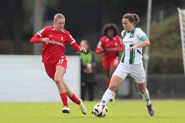 Weena Simmen SC Freiburg U20 and Kristina Bartsch Borussia Mönchengladbach battle for the ball during the 2 Frauen Bundesliga match between Borussia Mönchengladbach and SC Freiburg, Grenzlandstadion on October 06, 2024 in Mönchengladbach, Germany Photo by Oliver Kaelke DeFodi Images Weena Simmen SC Freiburg U20 and Kristina Bartsch Borussia Mönchengladbach battle for the ball during the 2 Frauen Bundesliga match between Borussia Mönchengladbach and SC Freiburg at Grenzlandstadium on October 6, 2024 in Mönchengladbach, Germany Photo by Oliver Kaelke DeFodi Images DFL regulations prohibit any use of photographs as image sequences and or quasi video Defodi 003 678 2024 10 06 OK BMGSCF 0996 Defodi-003 DFL regulations prohibit any use of photographs as image sequences and or quasi-video.