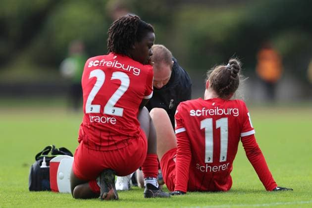 Nora Scherer SC Freiburg U20 injured on the ground during the 2 Frauen Bundesliga match between Borussia Mönchengladbach and SC Freiburg at Grenzlandstadium on October 06, 2024 in Mönchengladbach, Germany Germany Photo by Oliver Kaelke DeFodi Images Nora Scherer SC Freiburg U20 injured on the ground during the 2 Frauen Bundesliga match between Borussia Mönchengladbach and SC Freiburg at Grenzlandstadium on October 6, 2024 in Mönchengladbach, Germany Photo by Oliver Kaelke DeFodi Images DFL regulations prohibit any use of photographs as image sequences and or quasi video Defodi 003 678 2024 10 06 OK BMGSCF 1261 Defodi-003 DFL regulations prohibit any use of photographs as image sequences and or quasi-video.