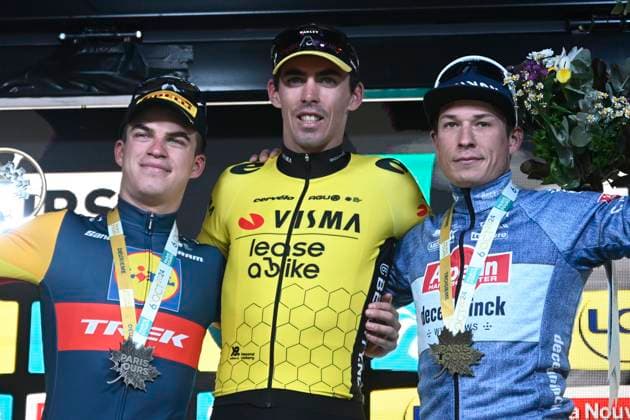 Paris-Tours cycling race 2024 TOURS, FRANCE - OCTOBER 06 : Vacek Mathias (CZE) of Lidl - Trek, Laporte Christophe (FRA) of Team Visma Lease a Bike and Philipsen Jasper (BEL) of Alpecin-Deceuninck pictured during the podium ceremony of the UCI Pro Series Paris-Tours cycling race with start in Chartres and finish in Tours (214km) on October 6, 2024 in Tours, France, 06 10 2024 Tours France  Copyright: xPeterxDexVoechtx