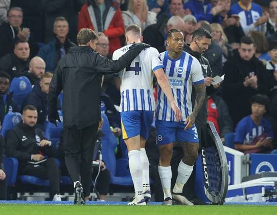 Brighton and Hove, England, 6th October 2024. Adam Webster of Brighton and Hove Albion is substituted for Igor of Brighton and Hove Albion after picking up an injury during the Premier League match at the AMEX Stadium, Brighton and Hove. Picture credit should read: Paul Terry Sportimage EDITORIAL USE ONLY. No use with unauthorised audio, video, data, fixture lists, club league logos or live services. Online in-match use limited to 120 images, no video emulation. No use in betting, games or single club league player publications. SPI-3365-0015