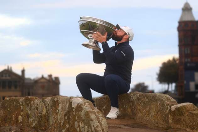 6th October 2024; The Old Course at St Andrews, Fife, Scotland; Alfred Dunhill Links Golf Championship, Final Round; Tyrrell Hatton of England kisses the Alfred Dunhill Links trophy after his win on the Old Course, St Andrews  ActionPlus12701289 DavidxYoung