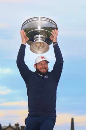 6th October 2024; The Old Course at St Andrews, Fife, Scotland; Alfred Dunhill Links Golf Championship, Final Round; Tyrrell Hatton of England with the Alfred Dunhill Links trophy after his win on the Old Course, St Andrews  ActionPlus12701284 DavidxYoung