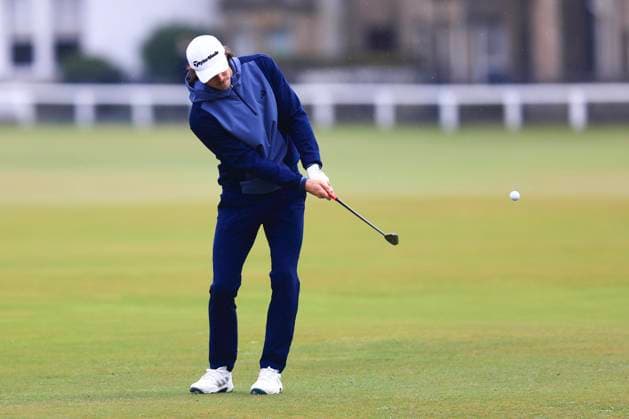 6th October 2024; The Old Course at St Andrews, Fife, Scotland; Alfred Dunhill Links Golf Championship, Final Round; Welsh former footballer Gareth Bale chips to the first green after his second shot had found the water in the Swilken burn on the Old Course, St Andrews, during the final round of the Dunhill Links Championship  ActionPlus12701441 DavidxYoung