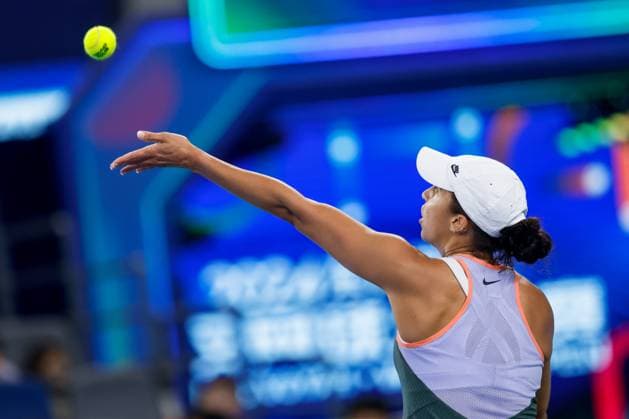 WUHAN, CHINA - OCTOBER 07: Madison Keys of United States competes in the Women s Singles Round of 64 match against Beatriz Haddad Maia of Brazil on day three of 2024 Wuhan Open at Optics Valley International Tennis Center on October 7, 2024 in Wuhan, Hubei Province of China.  Copyright: xVCGx 111522340923